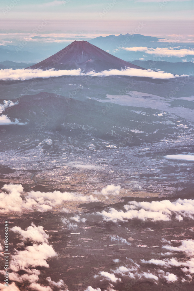 Aerial view of Mt. Fuji, tallest mountain and symbol of Japan