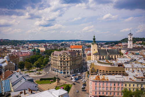 Aerial view on Monument to Adam Mickiewicz in Lviv, Ukraine from drone