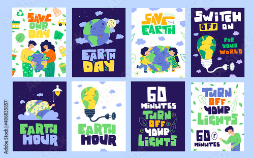 Earth hour banner set. Planet earth day. Turn off your light. 60 minutes.