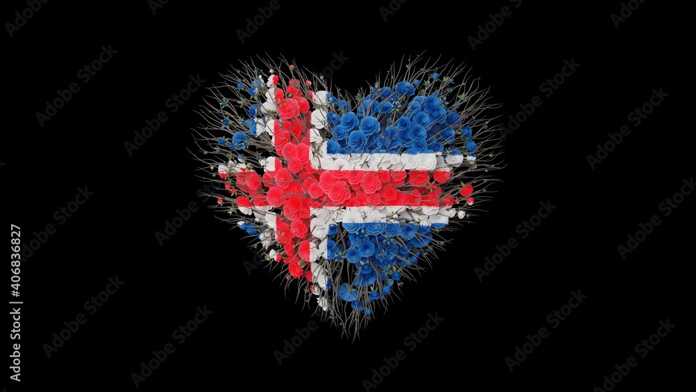 Iceland National Day. June 17. Republic Day. Heart shape made out of flowers on black background. 3D rendering. Iceland National Day. June 17. Republic Day. Heart shape made out of flowers on black background. 3D rendering.