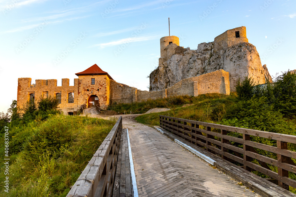 Panoramic view of medieval royal Rabsztyn Castle ruins under renovation in Rabsztyn, Lesser Poland
