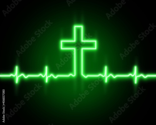 Cross of God  Lord Jesus Christ. Heartbeat line icon. Heart rhythm.ECG. Cardiogram.Faith.Christian banner design.Green 3d neon light effect on black background.Health.Normal cardio .Church. Wallpaper.
