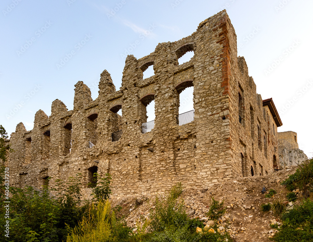 Panoramic view of medieval royal Rabsztyn Castle ruins under renovation in Rabsztyn, Lesser Poland