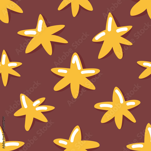Cute seamless pattern with cartoon gold stars on chocolate color background. Stargazer. Christmas holiday wallpaper. Design element for wrapping, card, t-shirt textile print, invitation, accessories