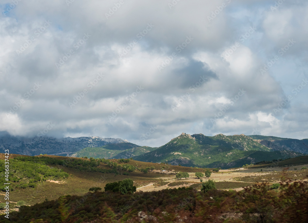 Naklejka premium View of beautiful landscape of Supramonte Mountains with green hills, trees and mediterranean forest vegetation. Ogliastra, Sardinia, Italy. Summer cloudy sky.