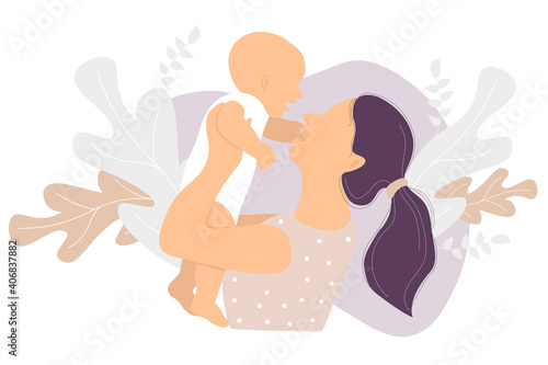 Motherhood. Happy woman and a small child in her arms against the background of a tropical decor of leaves and plants. Vector illustration. Concept - new life and happy mom and baby. flat illustration