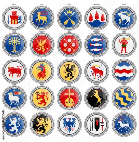 Set of vector icons. Counties of Sweden flags.   
