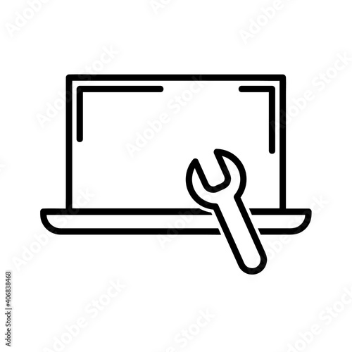 Notebook repair flat icon. Pictogram for web. Line stroke. Laptop isolated on white background. Vector eps10