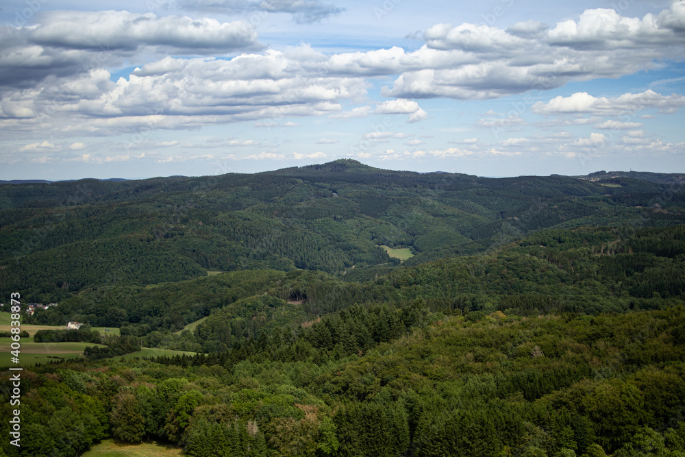Obraz premium The view from the Nürburg over the landscape in the Eifel