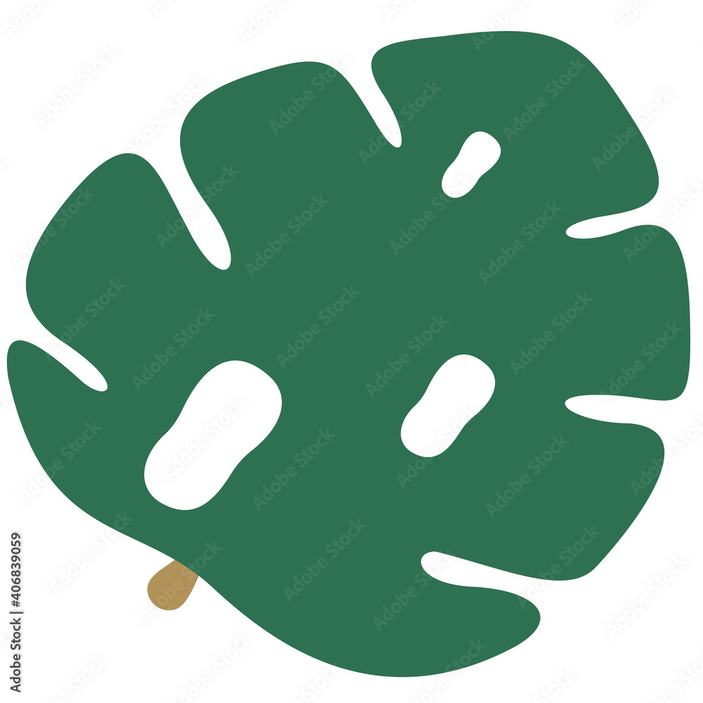 Cartoon isolated leaf of Monstera Deliciosa in green color on white background. Tropical single doodle for emblem, logo, icon, sticker. Vector. Cartoon isolated leaf of Monstera Deliciosa in green color on white background. Tropical single doodle for emblem, logo, icon, sticker. Vector.