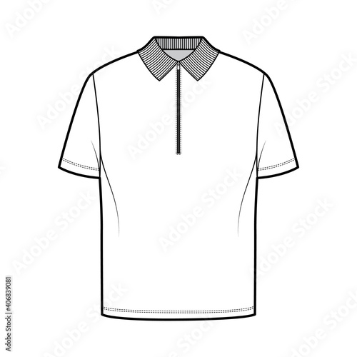 Shirt zip polo technical fashion illustration with short sleeves, tunic length, henley neck, oversized, flat knit collar. Apparel top outwear template front, white color. Women men unisex CAD mockup