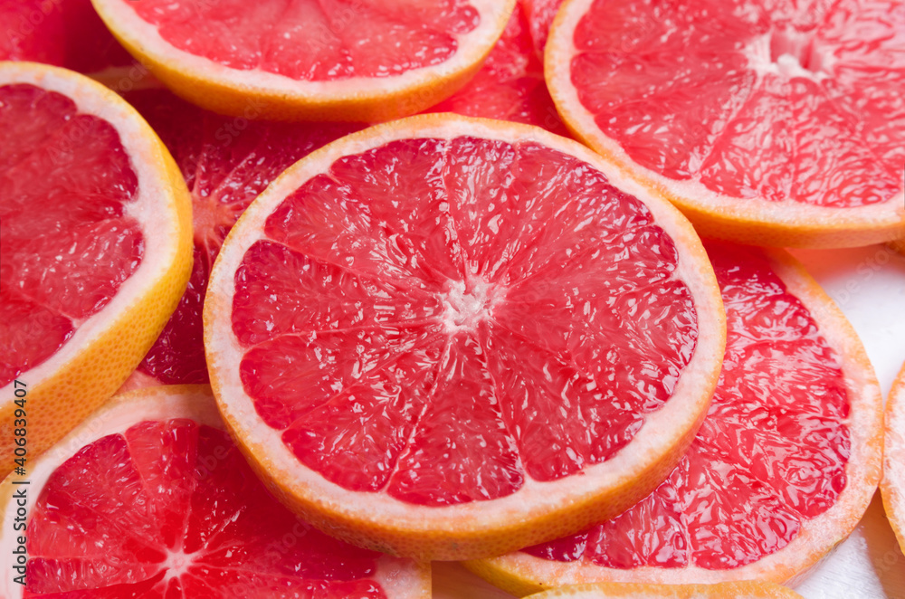 Red fresh juicy grapefruit slices. Close-up summer concept Red fresh juicy grapefruit slices. Close-up summer concept