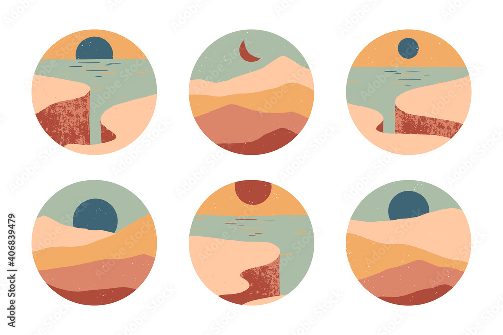 Set of creative abstract rocky mountain landscape round icons.Mid century modern vector illustration with cliffed coast,desert dunes,sky and sun.Trendy templates for stories.Futuristic abstract design Set of creative abstract rocky mountain landscape round icons.Mid century modern vector illustration with cliffed coast,desert dunes,sky and sun.Trendy templates for stories.Futuristic abstract design