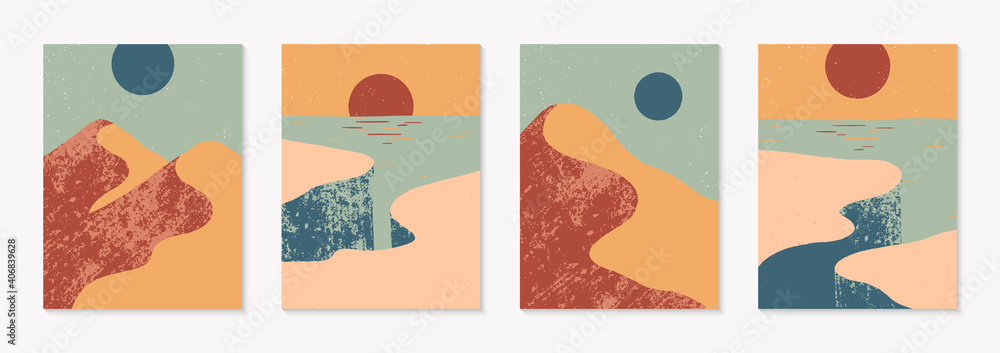 Set of creative abstract rocky mountain landscape backgrounds.Mid century modern vector illustrations with cliffed coast,desert dunes,sky and sun.Trendy contemporary design.Futuristic wall art decor