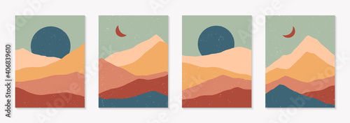 Set of creative abstract mountain landscape backgrounds.Mid century modern vector illustrations with  mountains or desert dunes; sky, sun or moon.Trendy contemporary design.Futuristic wall art decor.