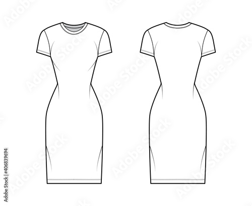 T-shirt dress technical fashion illustration with crew neck, short sleeves, knee length, slim fit, Pencil fullness. Flat apparel template front, back, white color. Women, men, unisex CAD mockup