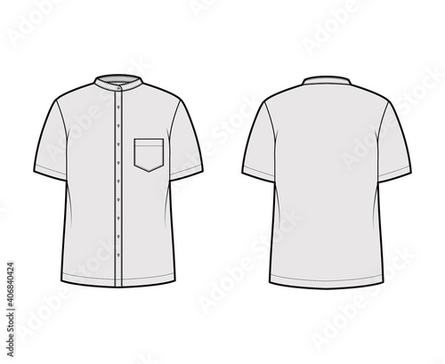 Shirt nehru collar technical fashion illustration with short sleeves, angled pocket, mandarin neck. Flat indian jacket apparel outwear template front, back, grey color. Women men unisex CAD mockup