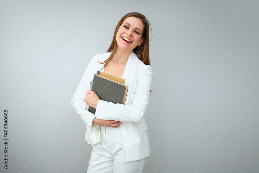 Smiling teacher dressed white suit for advertising your online business course. Smiling teacher dressed white suit for advertising your online business course.