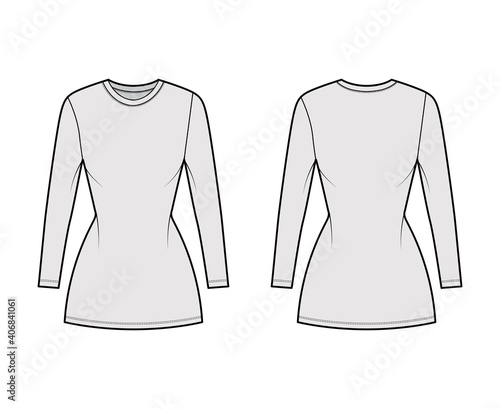 T-shirt dress technical fashion illustration with crew neck, long sleeves, mini length, slim fit, Pencil fullness. Flat apparel template front, back, grey color. Women, men, unisex CAD mockup