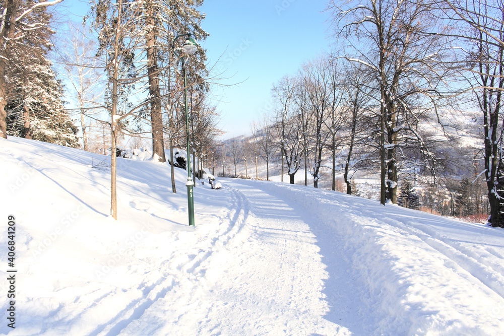 Countryside road through winter field with forest on a horizon Countryside road through winter field with forest on a horizon