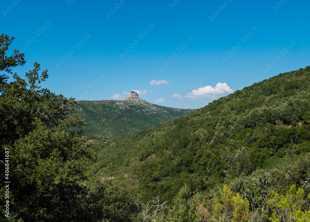 Overview of the National Park of Barbagia with limestone tower of Perda Liana, impressive rock formation on green forest hill, sardinian table mountain. Central Sardinia, Italy, summer day
