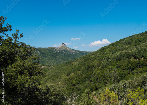 Overview of the National Park of Barbagia with limestone tower of Perda Liana  impressive rock formation on green forest hill  sardinian table mountain. Central Sardinia  Italy  summer day