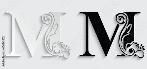 letter M. flower letters. Vintage ornament initial Alphabet. Logo vector	
