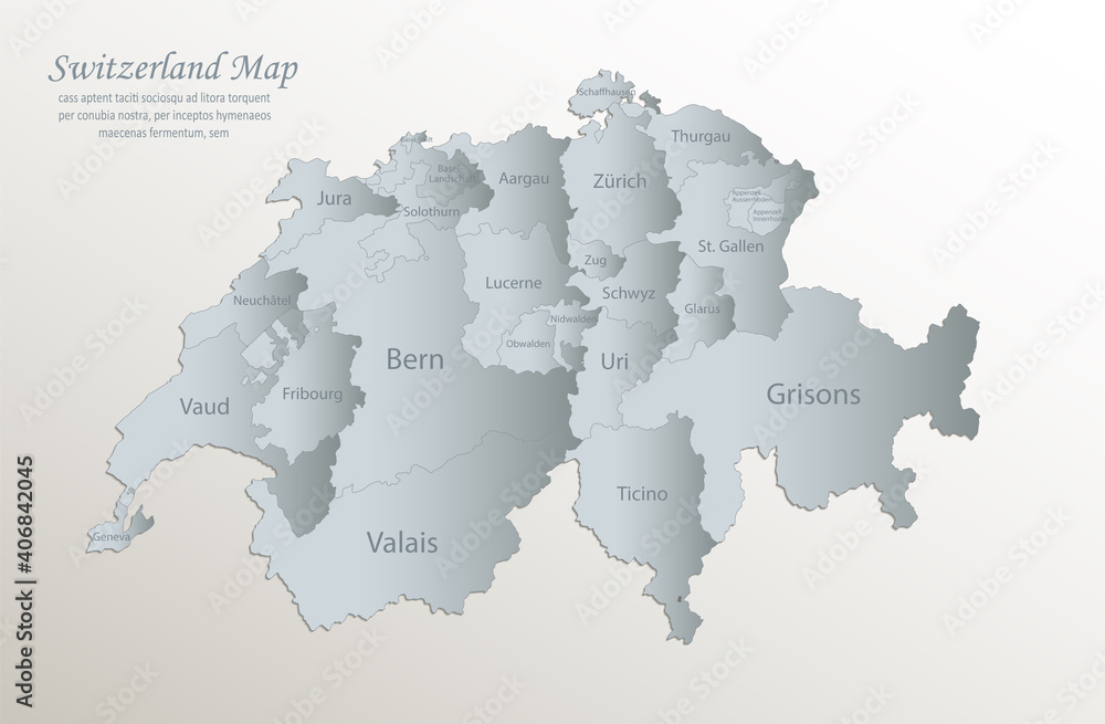 Switzerland map, administrative division with names, white blue card paper 3D vector