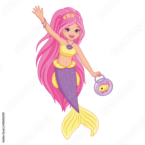 Cute mermaid with fish cartoon vector illustration