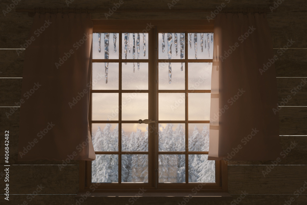 3d rendering of wooden window frame with icicles and winter forest landscape outside the window 3d rendering of wooden window frame with icicles and winter forest landscape outside the window