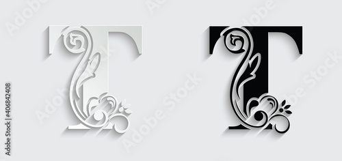 letter T. flower letters. Vintage ornament initial Alphabet. Logo vector	
