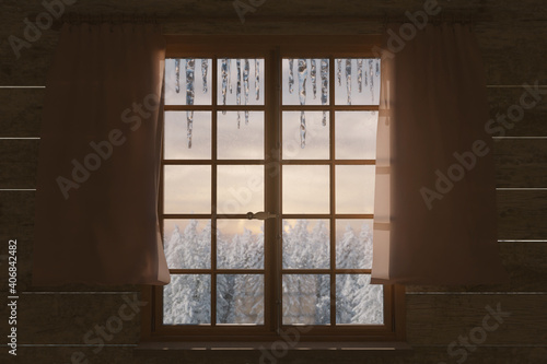3d rendering of wooden window frame with icicles and winter forest landscape outside the window