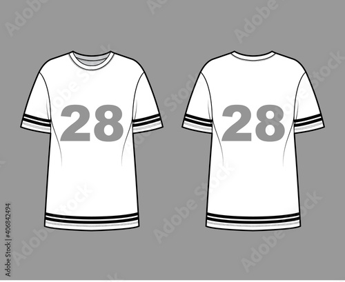T-shirt American football technical fashion illustration with raglan short sleeves, tunic length, crew neck, oversized. Flat top outwear template front, back, white color. Women men unisex CAD mockup