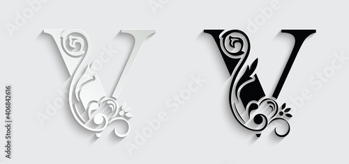letter V. flower letters. Vintage ornament initial Alphabet. Logo vector	
