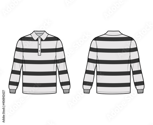 Shirt rugby technical fashion illustration with long sleeves, tunic length, henley neck, oversized, flat collar. Apparel top outwear template front, back, grey color. Women men unisex CAD mockup