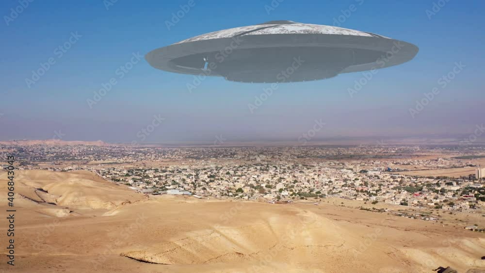 Alien Spaceship ufo hovering over city in the desert - aerial view
, drone view over Jericho city in Palestine with visual effect element, invasion sci fi concept
Alien Spaceship ufo hovering over city in the desert - aerial view
, drone view over Jericho city in Palestine with visual effect element, invasion sci fi concept