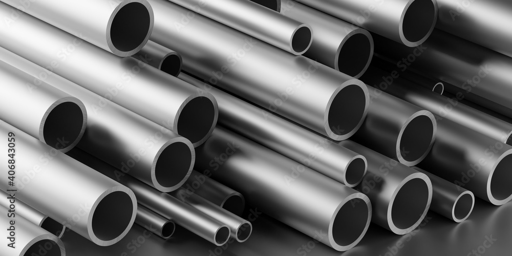 Brushed aluminum tube profiles stack or heap frame filling background, metal manufactoring or product concept Brushed aluminum tube profiles stack or heap frame filling background, metal manufactoring or product concept