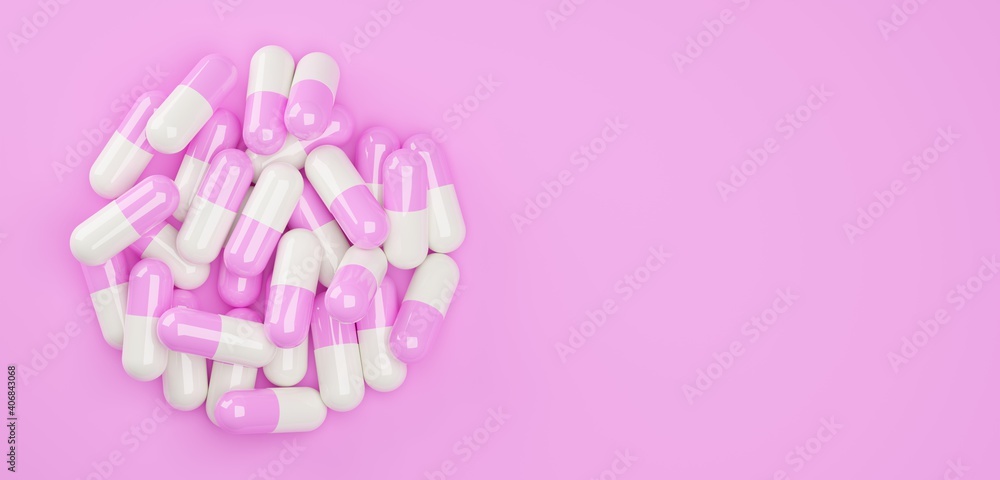 Pink and white pill capsules heap over pink background, female medical treatment, pharmaceutical or medication concept Pink and white pill capsules heap over pink background, female medical treatment, pharmaceutical or medication concept