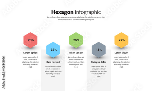Hexagon infographic template with minimalistic look, 5 options layout with white and grey column dashboard
