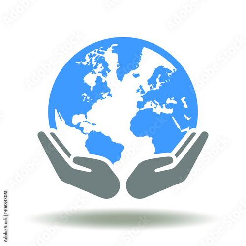 Earth planet with hands care vector icon. ESG symbol. World, environment, nature save sign. Planet Eco Sustainability Illustration. SDG, CSR logo.