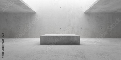 Empty modern abstract concrete room with elevated cubical platform in the center and ceiling light, product presentation template background photo