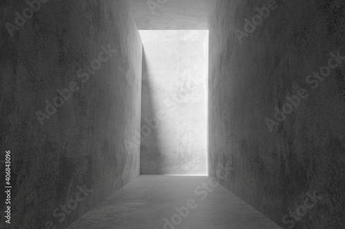 Abstract empty, modern concrete room with indirect lighting from back wall and rough floor - industrial interior background template