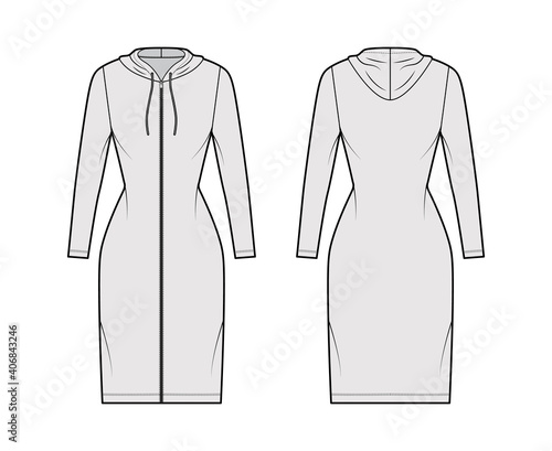 Hoodie zip-up dress technical fashion illustration with long sleeves, knee, mini length, fitted body, Pencil fullness. Flat apparel template front, back, grey color. Women, men, unisex CAD mockup