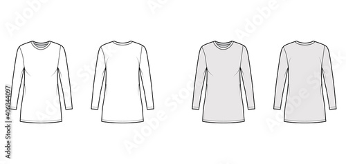 T-shirt dress technical fashion illustration with crew neck, long sleeves, mini length, oversized, Pencil fullness. Flat apparel template front, back, white, grey color. Women, men, unisex CAD mockup