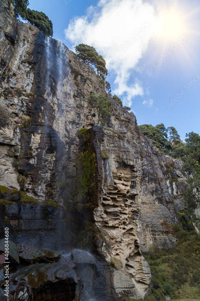Fototapeta premium Forest waterfall in Park of Iztaccihuatl Popocatepetl volcano Mexico