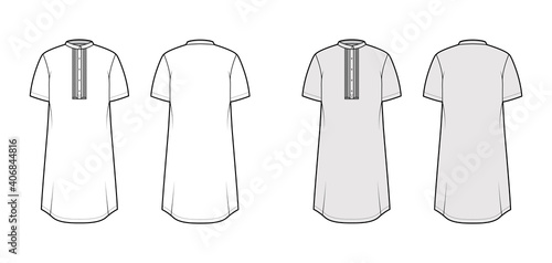 Shirt kurta technical fashion illustration with short sleeves, embellished henley neck. Flat indian shalwar qameez tunic apparel template front, back, white, grey color. Women men unisex CAD mockup
