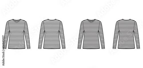 Shirt sailor basque technical fashion illustration with long sleeves, tunic length, scoop neck, oversized. Apparel french top outwear template front, back white grey color. Women men unisex CAD mockup