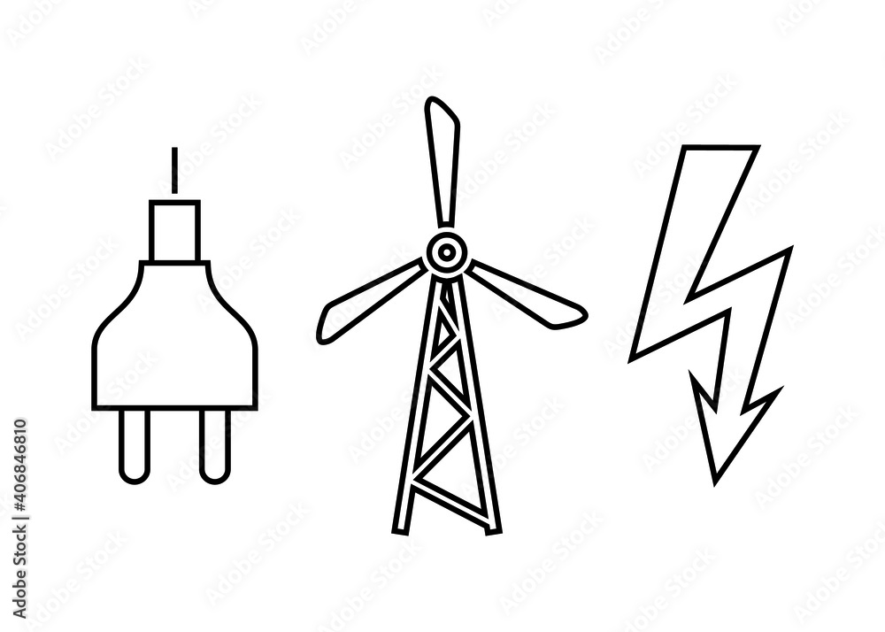 A set of energy symbols from thin black lines on a white background. Modern vector pattern for posters, decor, business cards, printing, web design. A set of energy symbols from thin black lines on a white background. Modern vector pattern for posters, decor, business cards, printing, web design.