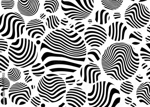 Trendy abstract black and white pattern of circles and striped lines. Modern vector background for posters, decor, business cards, printing, web design