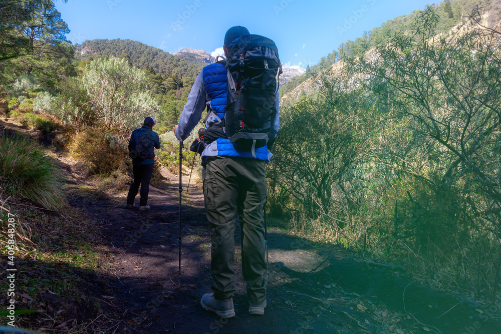 Shallow focus of male hikers with backpacks hiking through the forests of Iztaccihuatl, Mexico